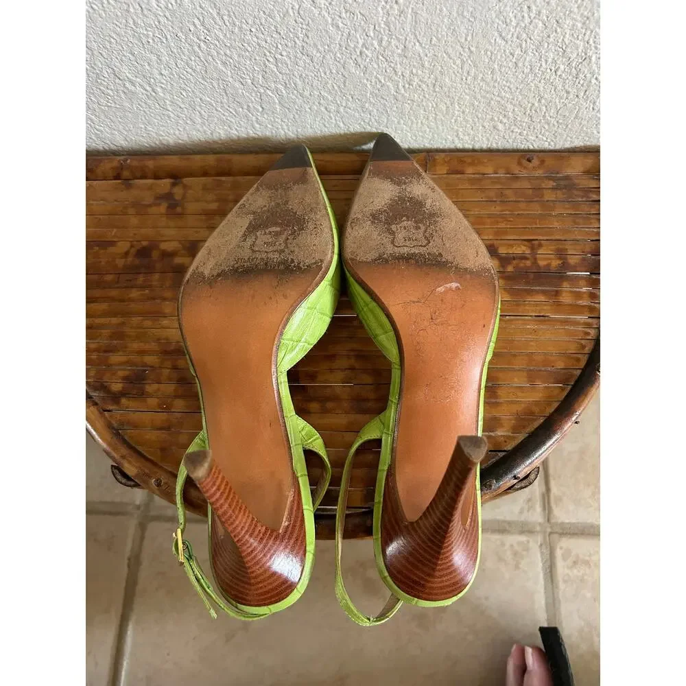 Stuart Weitzman Lime Green Croc Leather Pointed Toe Slingback Heels 8M